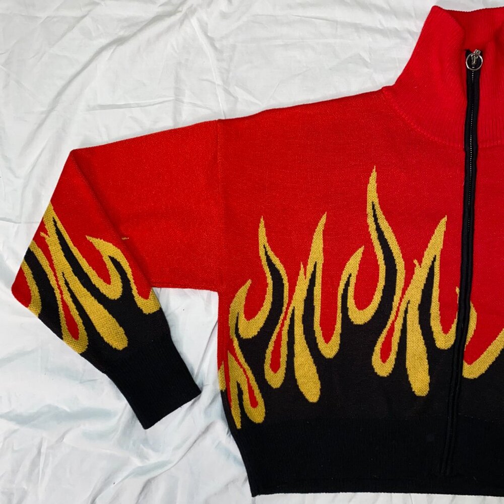 Women's Acrylic Long Sleeve Top w/ Flame Designs - Black/Yellow/Red - Rehab Lab